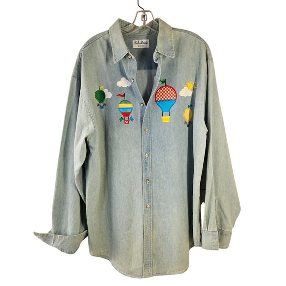 Belle Pointe 90s Oversize Denim Shirt Women Sz M/L Hot Air Balloon Embroidery - Picture 1 of 10